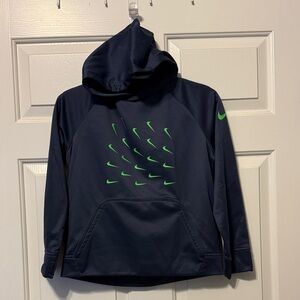 Nike Kids Dark Blue Hoodie with Neon Green Swooshes thermafit size medium